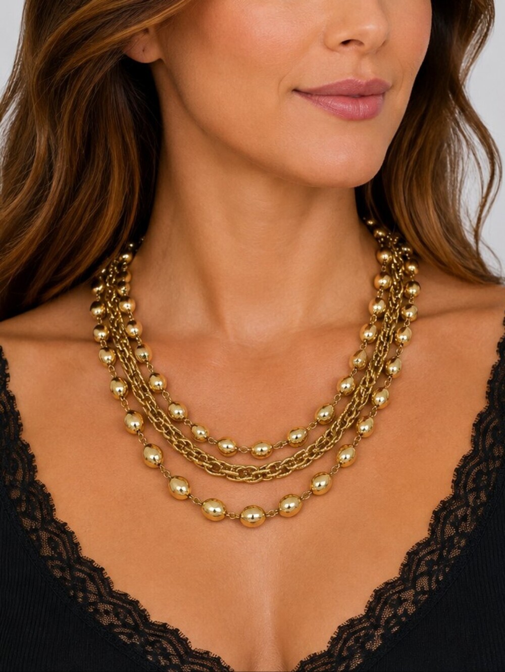VTG 1960s Goldtone Layered Beaded Chain Necklace